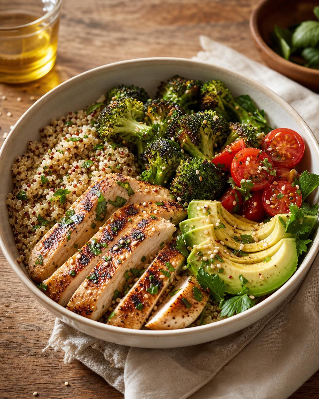 High Protein Bowl mit Hähnchen, Quinoa, Brokkoli und Avocado